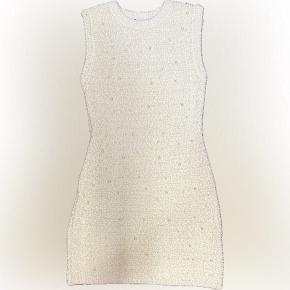 Zara Pearl Trim Cream Textured Mini Dress | Sz S | Brand New WT - Picture 2 of 5